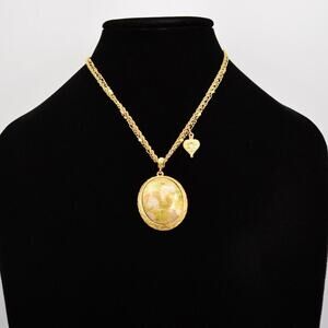 2028 Cabochon Pendant Necklace Multi-Chain Marbled Brushed Gold Signed BinG